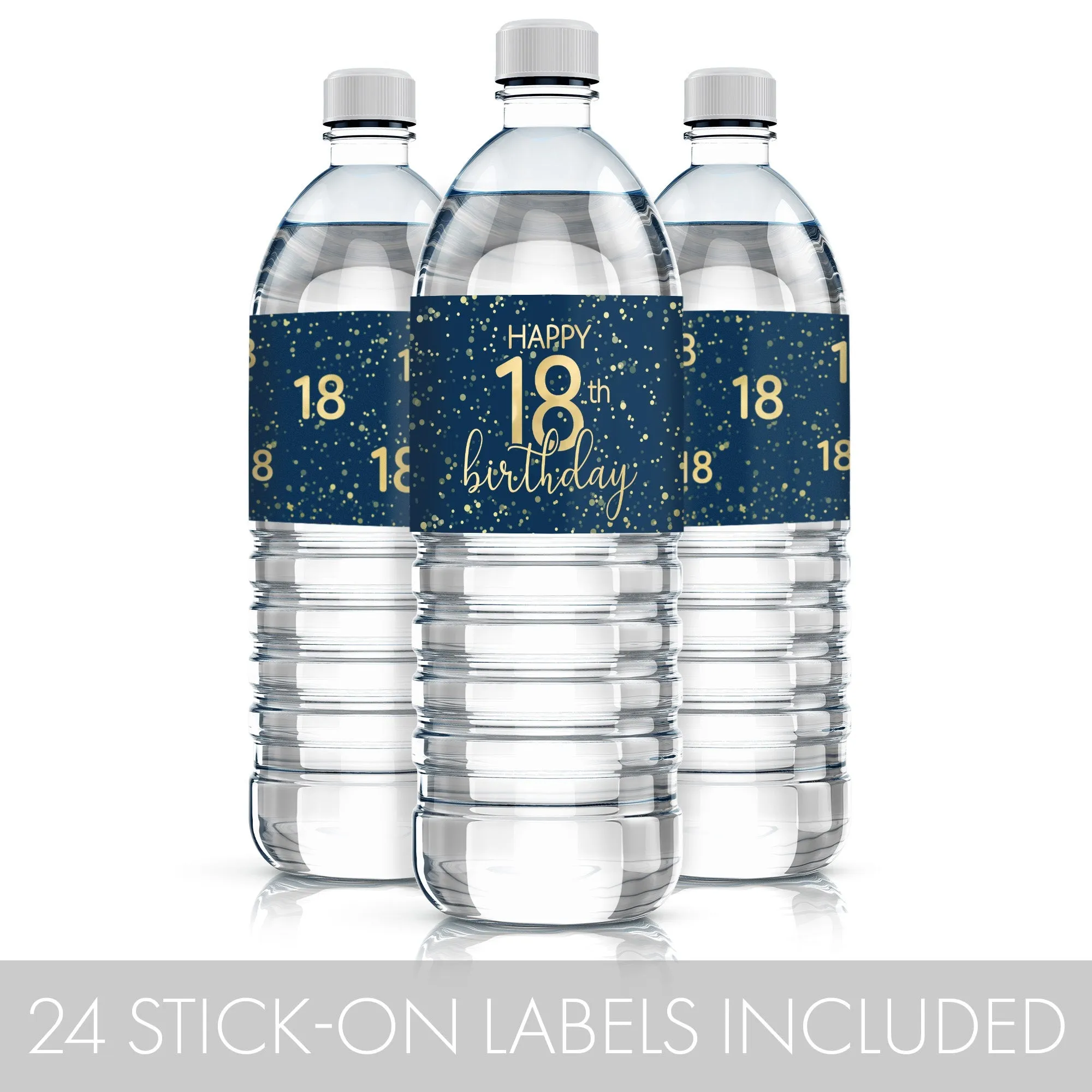18th Birthday: Navy Blue & Gold - Adult Birthday -  Water Bottle Labels - 24 Waterproof Stickers