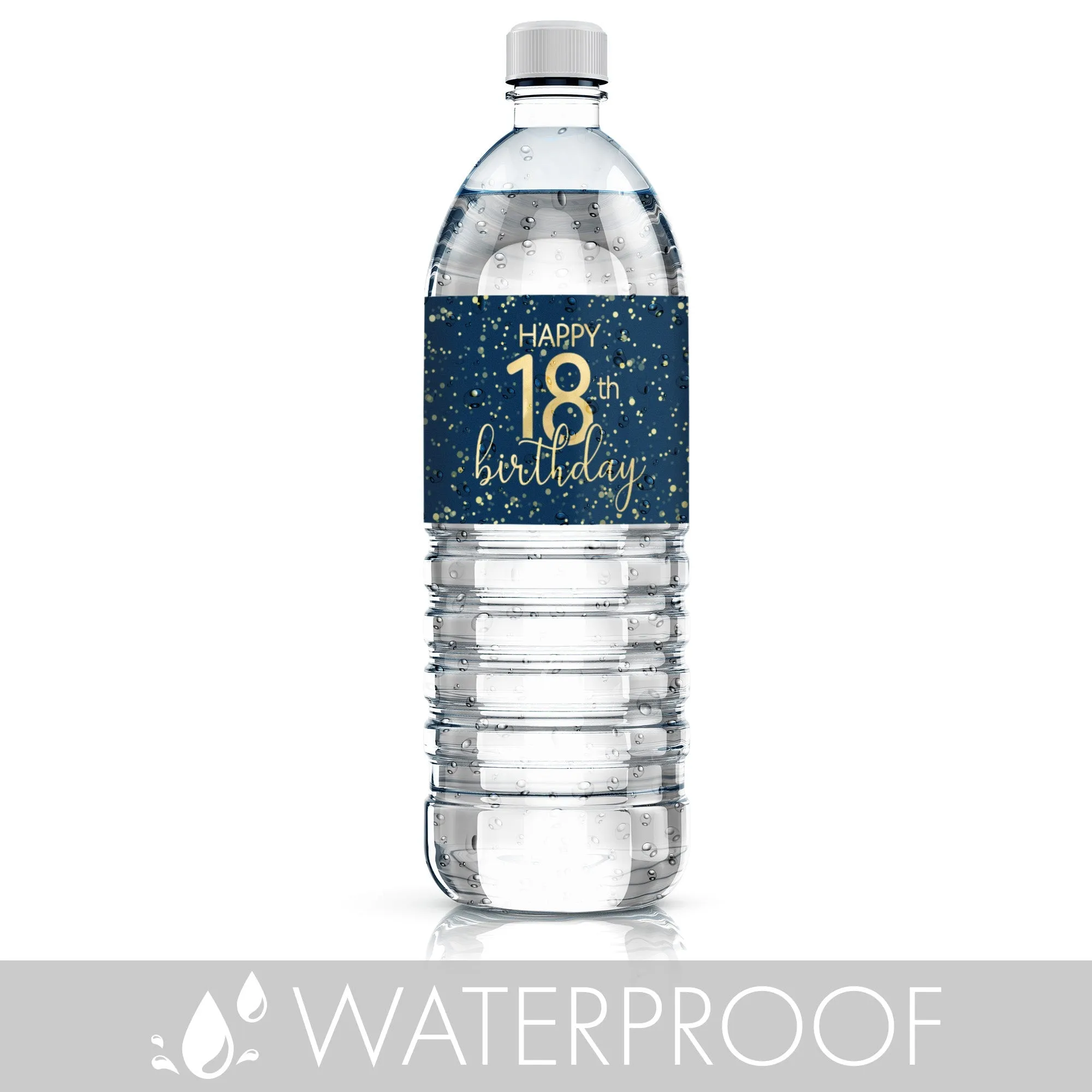 18th Birthday: Navy Blue & Gold - Adult Birthday -  Water Bottle Labels - 24 Waterproof Stickers