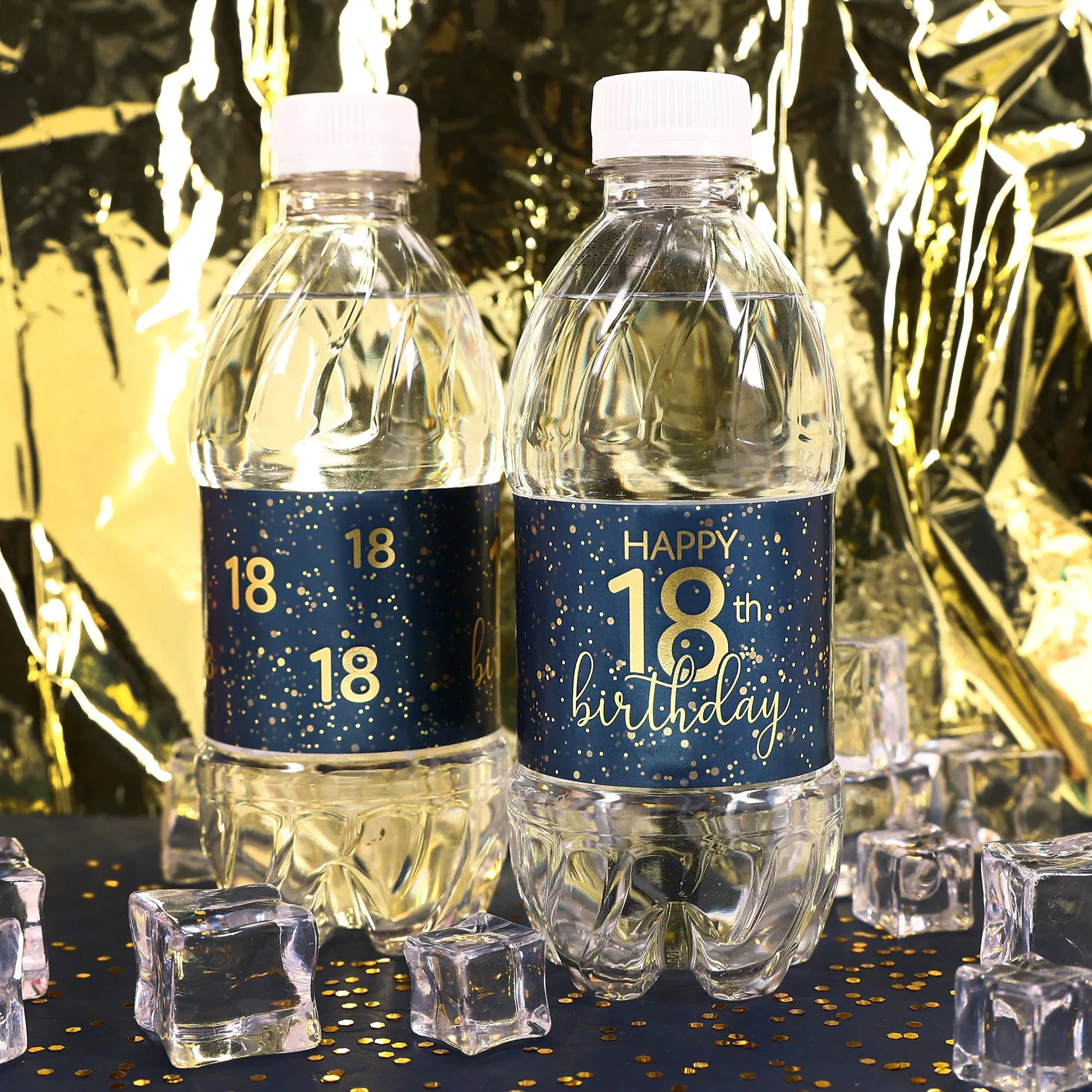 18th Birthday: Navy Blue & Gold - Adult Birthday -  Water Bottle Labels - 24 Waterproof Stickers