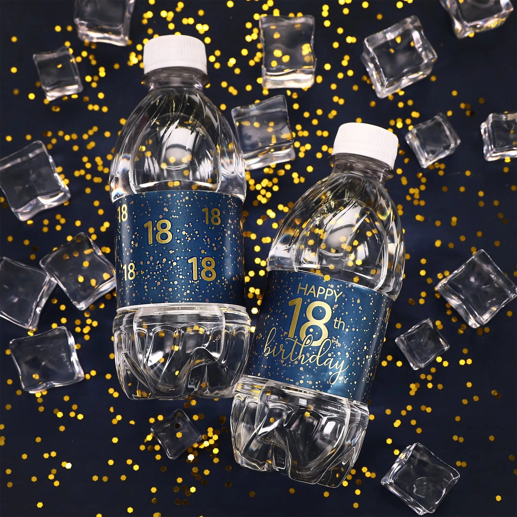 18th Birthday: Navy Blue & Gold - Adult Birthday -  Water Bottle Labels - 24 Waterproof Stickers
