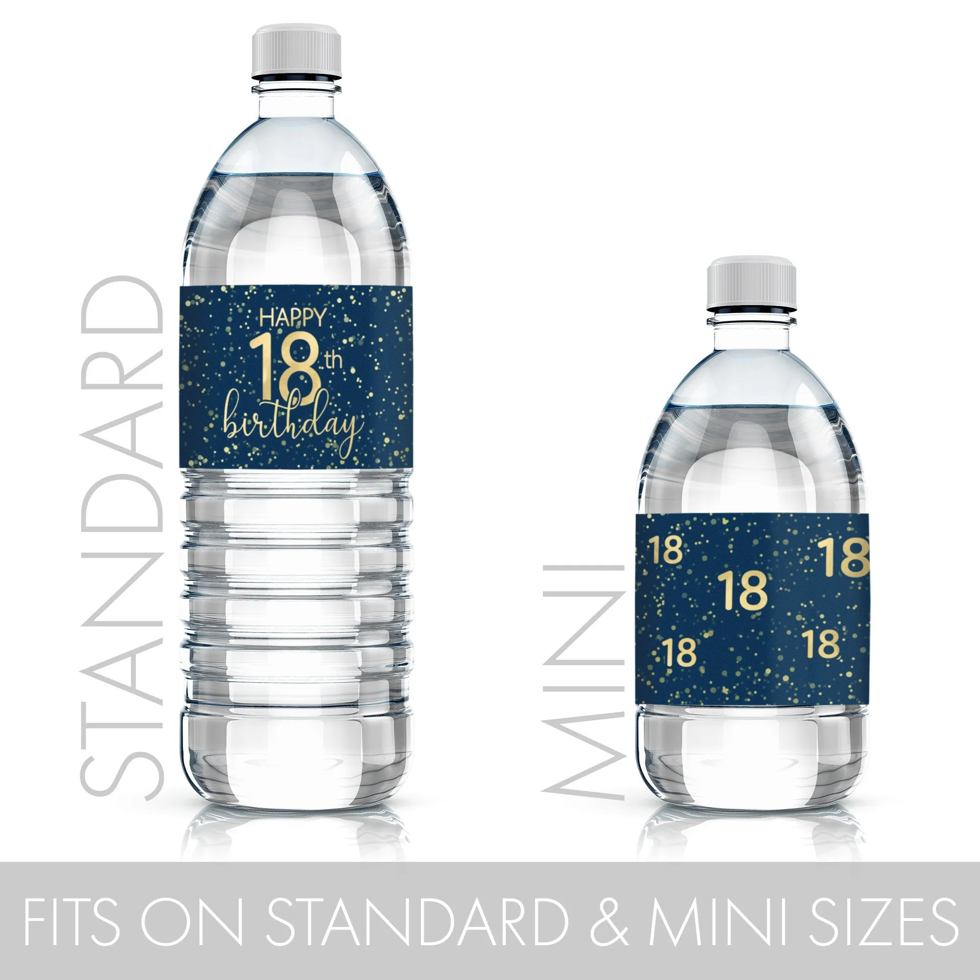 18th Birthday: Navy Blue & Gold - Adult Birthday -  Water Bottle Labels - 24 Waterproof Stickers