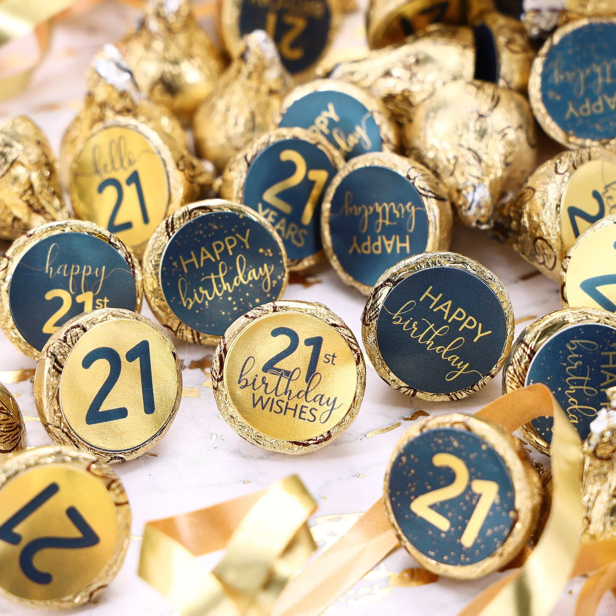21st Birthday: Navy Blue & Gold - Adult Birthday - Stickers - Fits Hershey's Kisses Candy - 180 Stickers