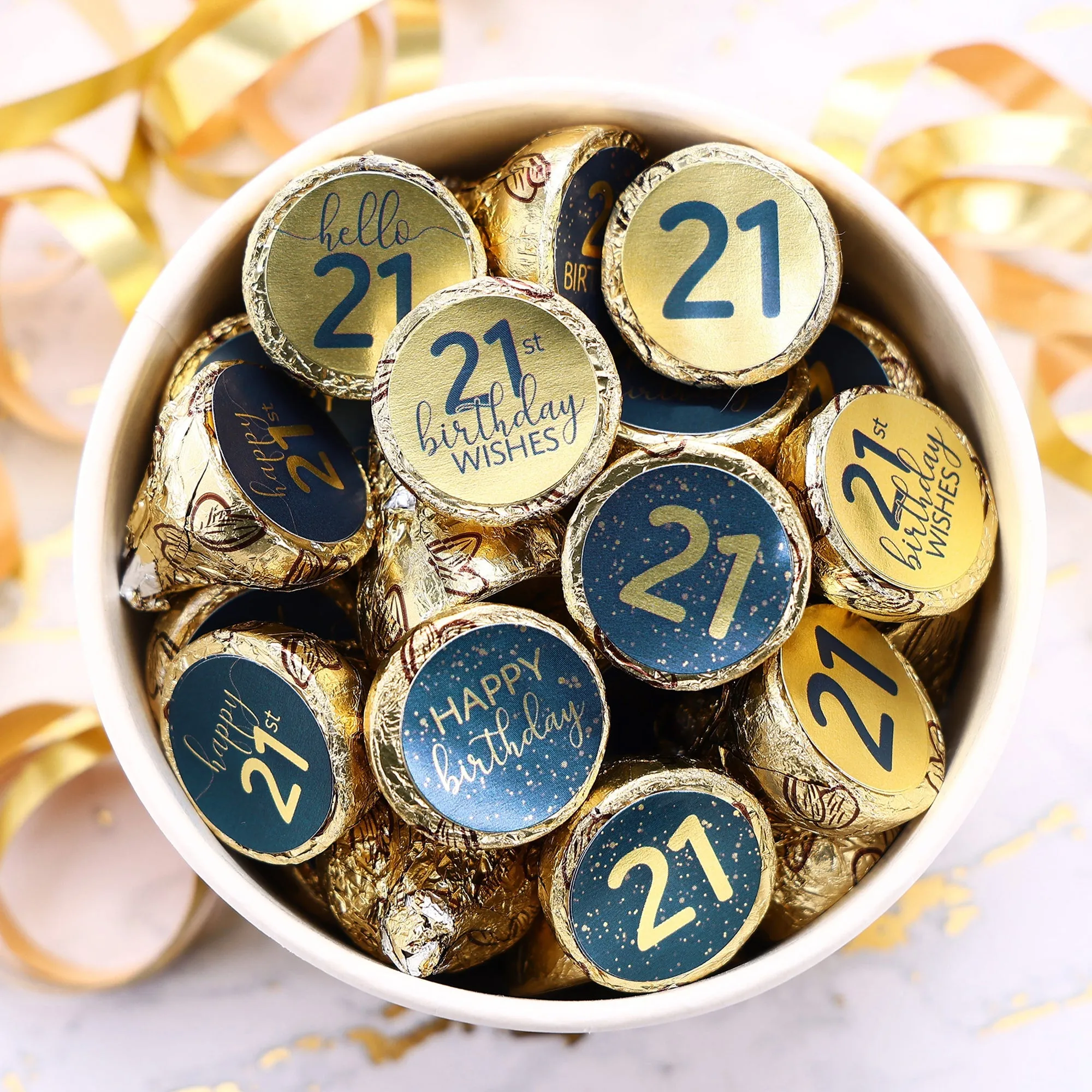 21st Birthday: Navy Blue & Gold - Adult Birthday - Stickers - Fits Hershey's Kisses Candy - 180 Stickers
