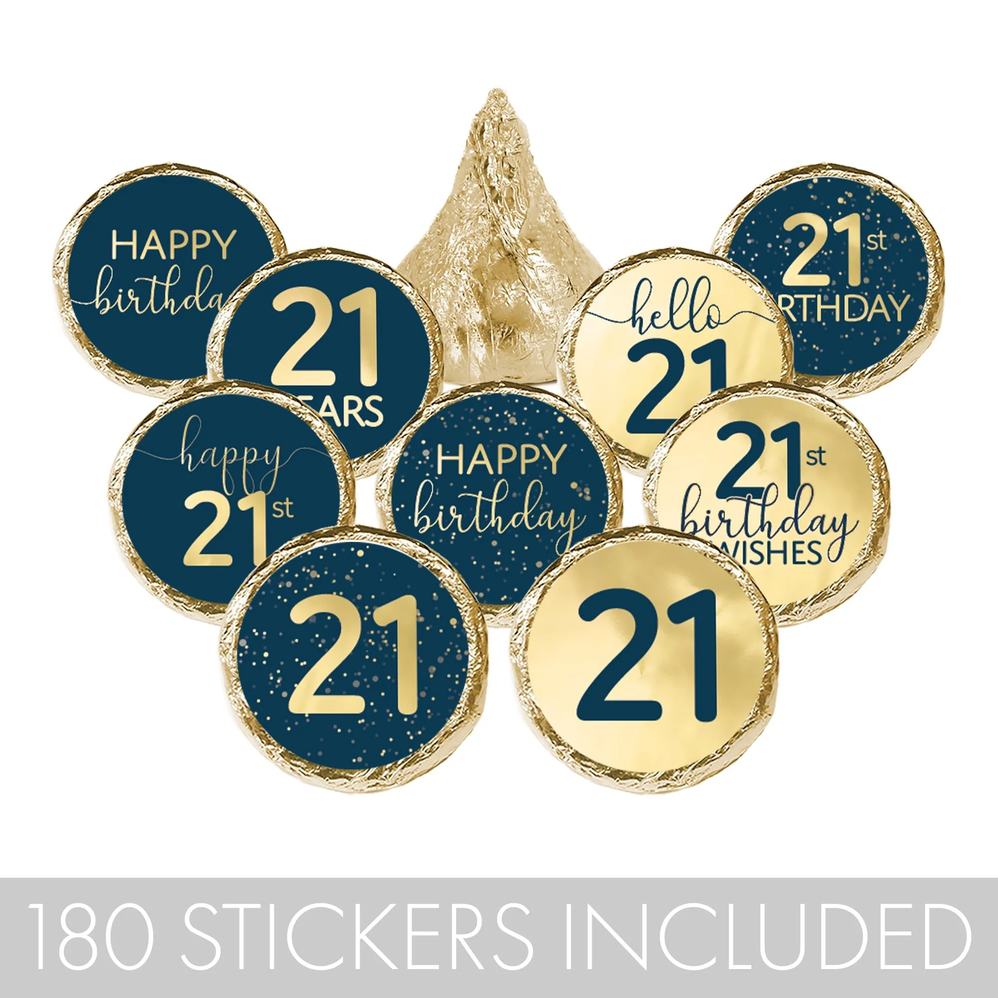21st Birthday: Navy Blue & Gold - Adult Birthday - Stickers - Fits Hershey's Kisses Candy - 180 Stickers