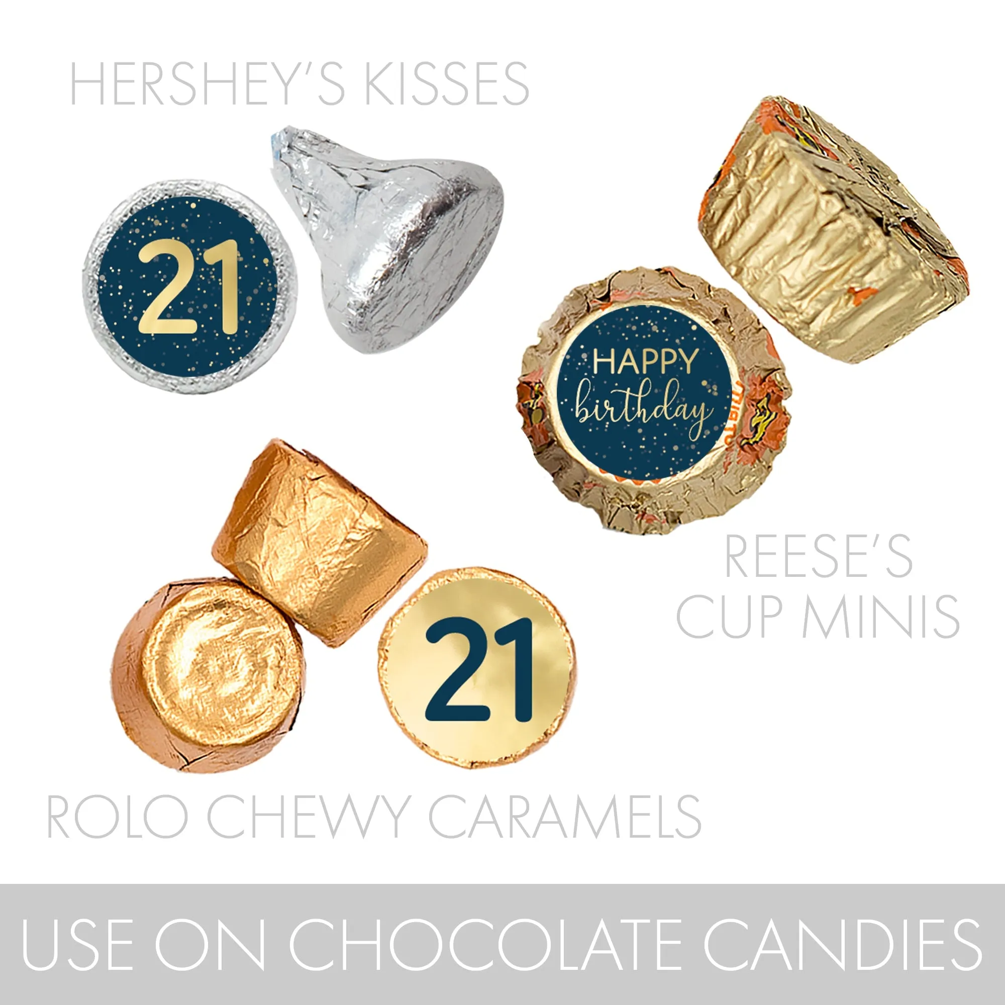 21st Birthday: Navy Blue & Gold - Adult Birthday - Stickers - Fits Hershey's Kisses Candy - 180 Stickers