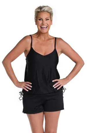 24th & Ocean Women's Standard Side Tie Tankini Swimsuit Top, Black//Solids