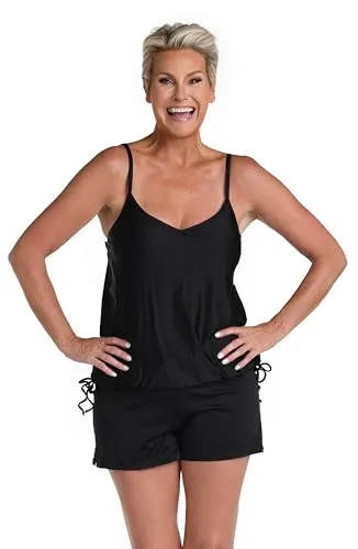 24th & Ocean Women's Standard Side Tie Tankini Swimsuit Top, Black//Solids