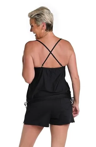24th & Ocean Women's Standard Side Tie Tankini Swimsuit Top, Black//Solids