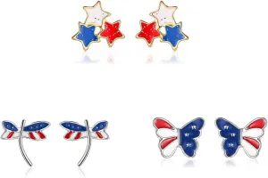 3 Pairs American Flag Stud Earrings Fashion Red Blue Star Butterfly Dragonfly July 4th USA Patriotic Independence Day Earrings Jewelry Accessory for Women