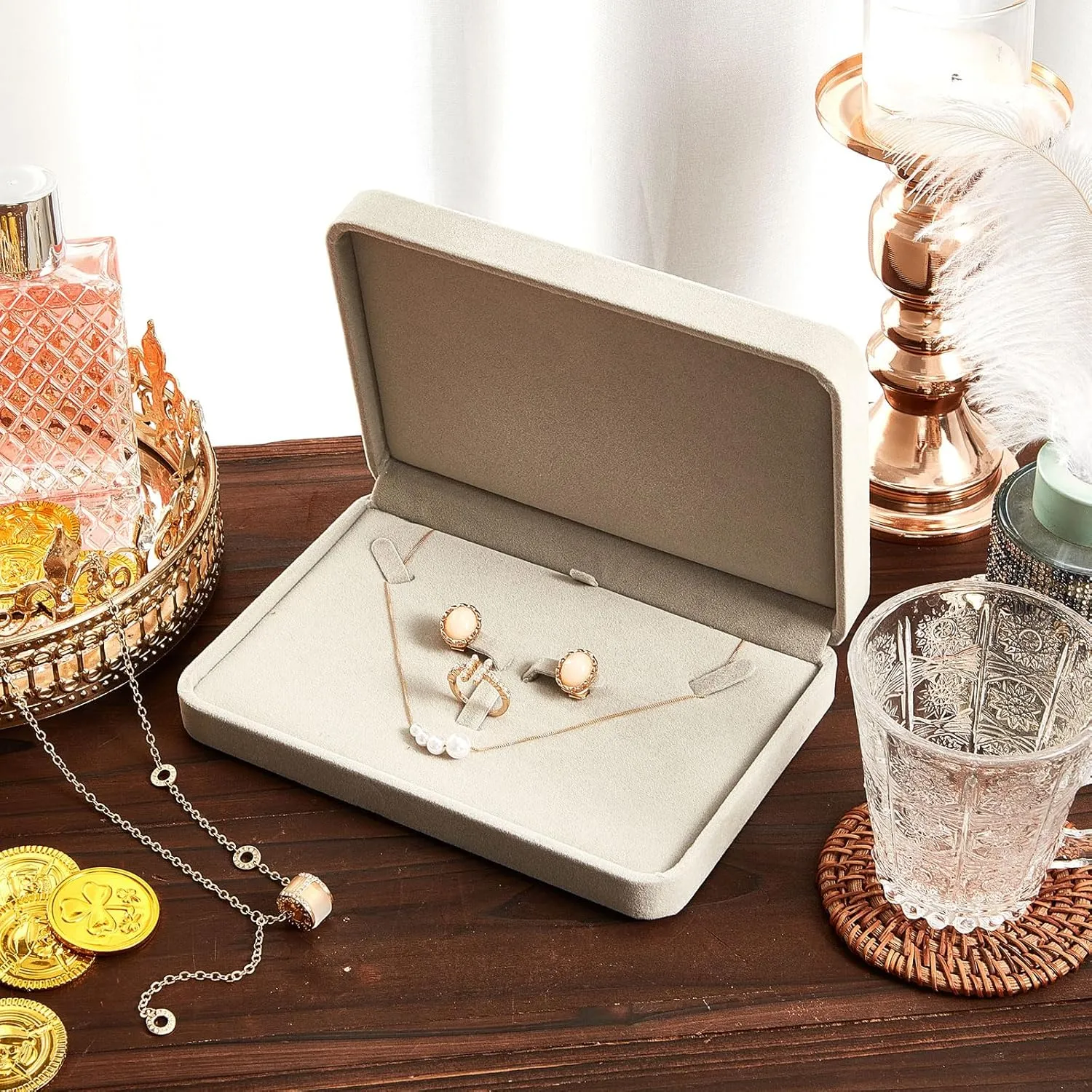 6 Pcs Large Jewelry Set - Necklace, Ring, Earring, Pendant Gift Box - Flannelette Jewelry Case for Traveling