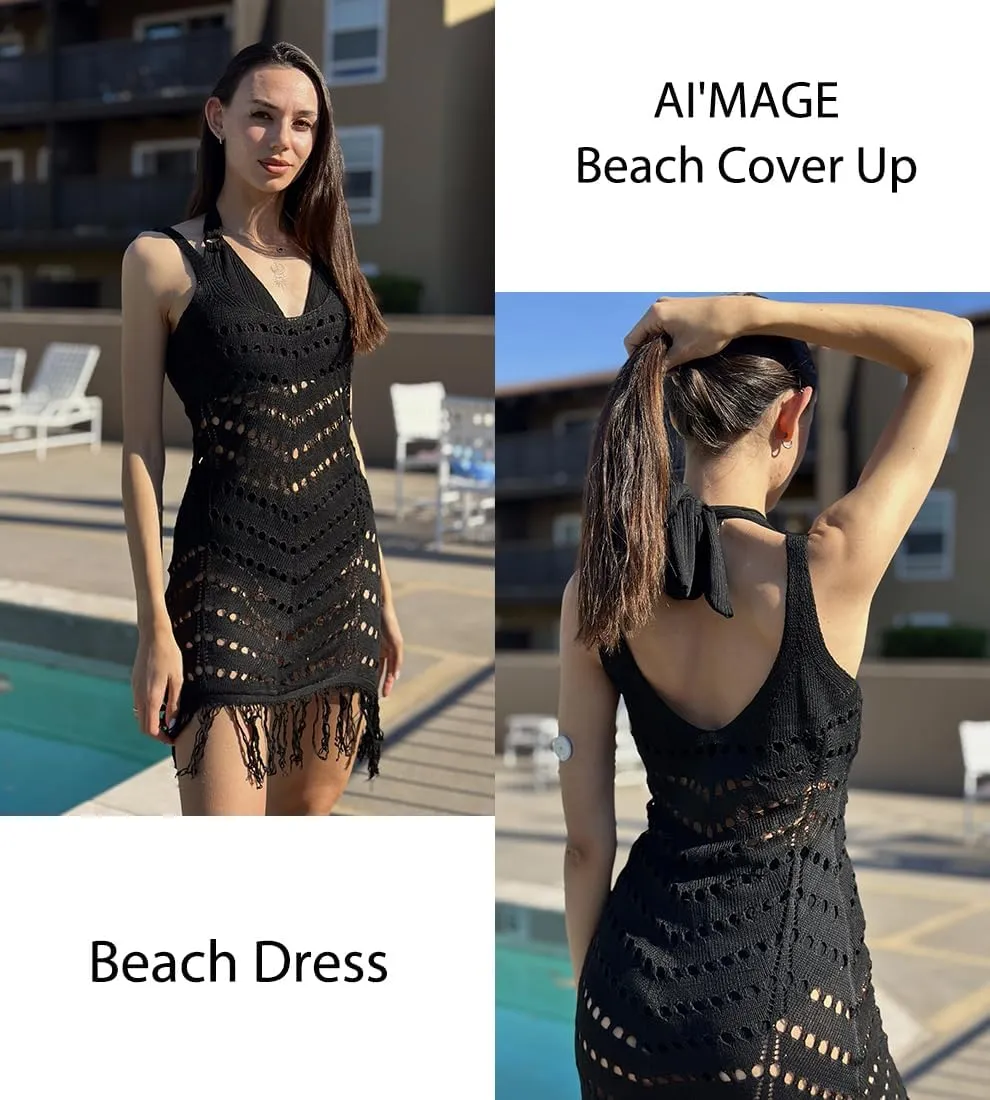AI'MAGE Women Swimsuit Cover Up Sexy Hollow Out Tassel Sleeveless Vneck Crochet Bathing Suit Coverup Slim Fit Beach Dress