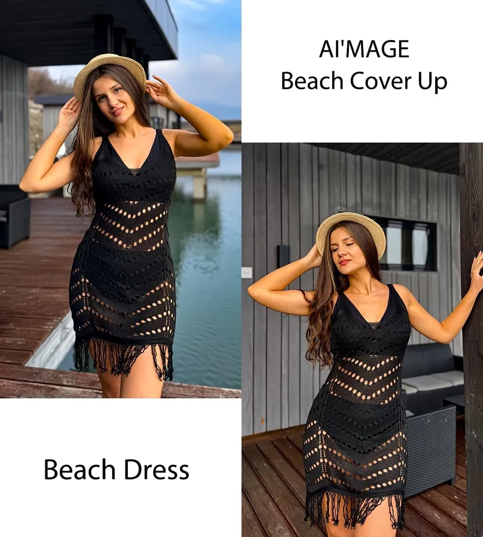 AI'MAGE Women Swimsuit Cover Up Sexy Hollow Out Tassel Sleeveless Vneck Crochet Bathing Suit Coverup Slim Fit Beach Dress