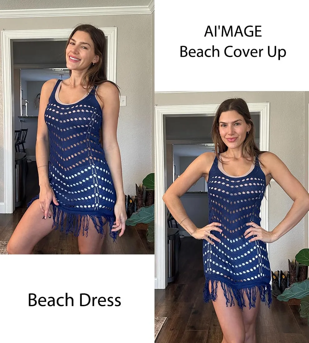 AI'MAGE Women Swimsuit Cover Up Sexy Hollow Out Tassel Sleeveless Vneck Crochet Bathing Suit Coverup Slim Fit Beach Dress
