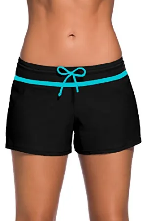 Aleumdr Womens Color Block Wide Waistband Swim Shorts Trunks Tankini Bottoms Boyshort Swimsuit Panty Small Size Black Purple