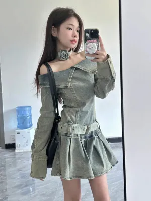 American Vintage Chic Slash Neck Long Sleeved Female Mini Dress Spring Basic Washed Fashion Denim Casual Simple Women Sexy Dress