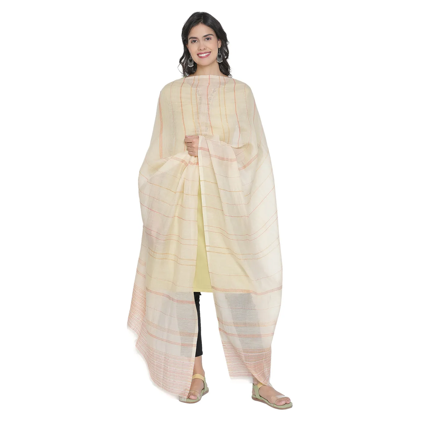 Beige With Rust Striped Dupatta