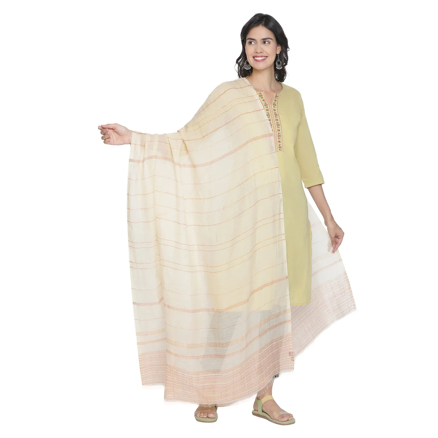 Beige With Rust Striped Dupatta