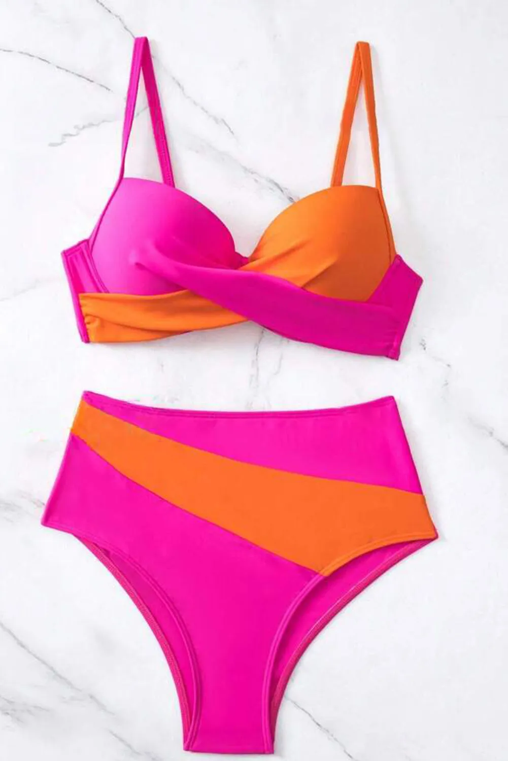 Blue Zone Planet |  Bella's Rose Red 2-tone Patchwork Twist Bikini High Waist Swimsuit