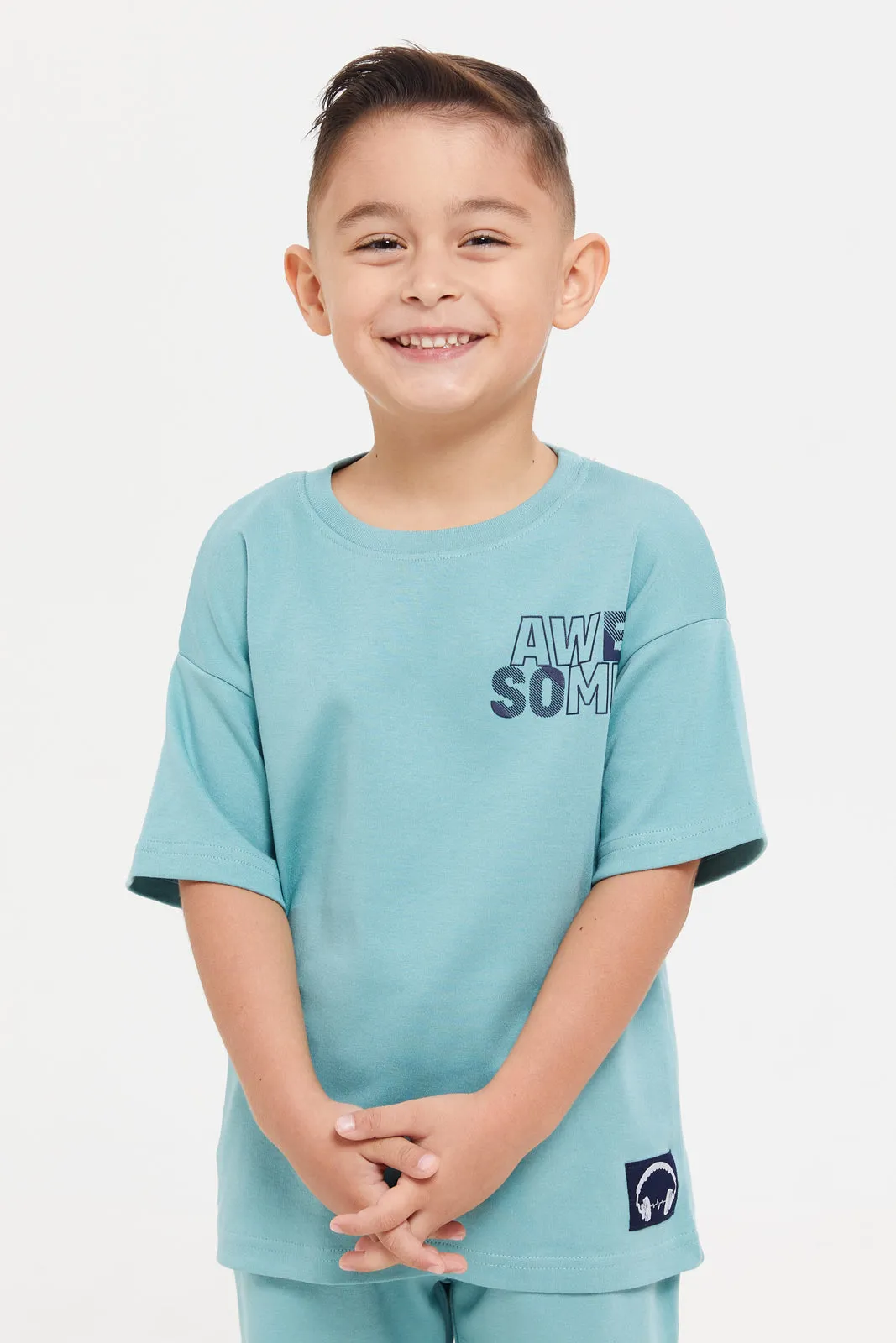 Boys Teal Printed T-Shirt And Shorts Casual Set (2 Piece)