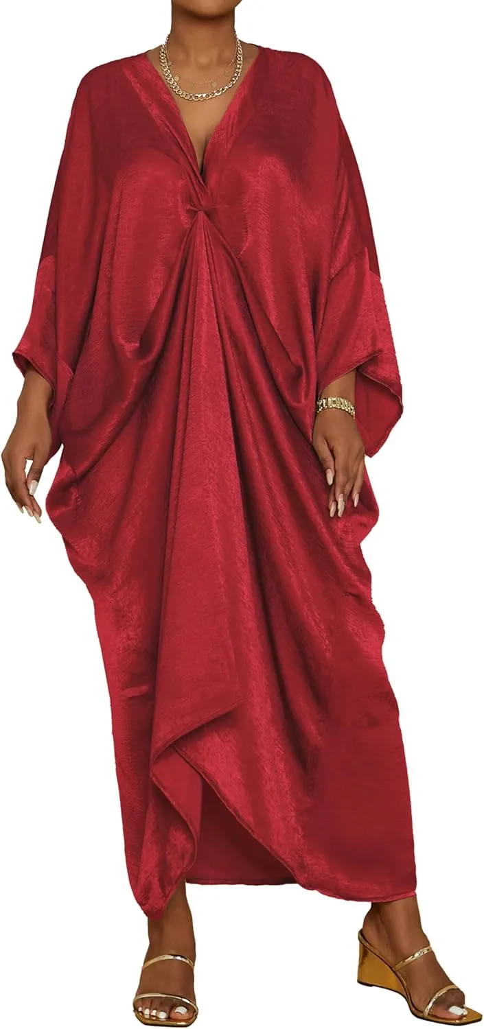 Bsubseach Kaftan Dresses for Women Satin V-Neck Caftans Coverups Long Dress Plus Size Beach Cover Up Red