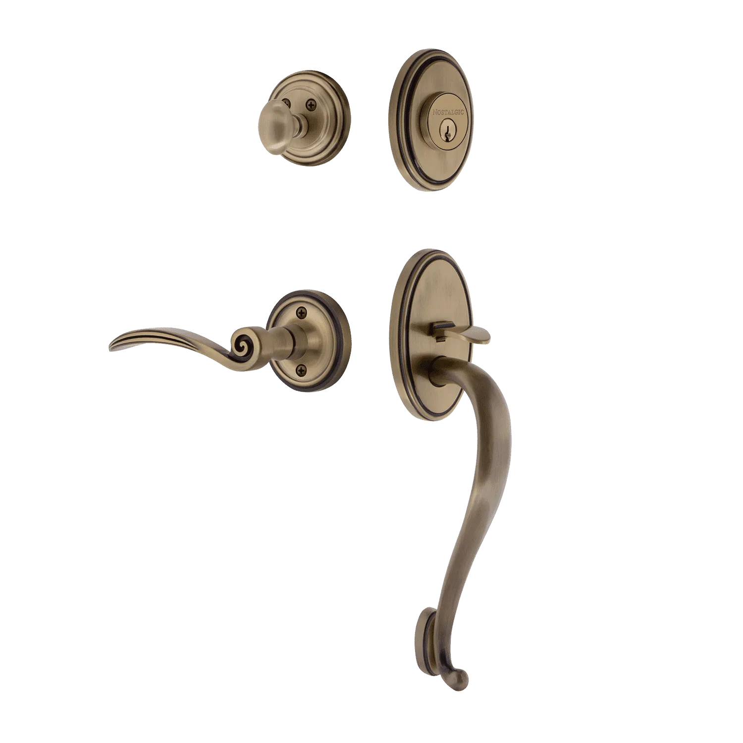 Classic Handleset with S-Grip and Classic Rosette with Swan Lever in Antique Brass