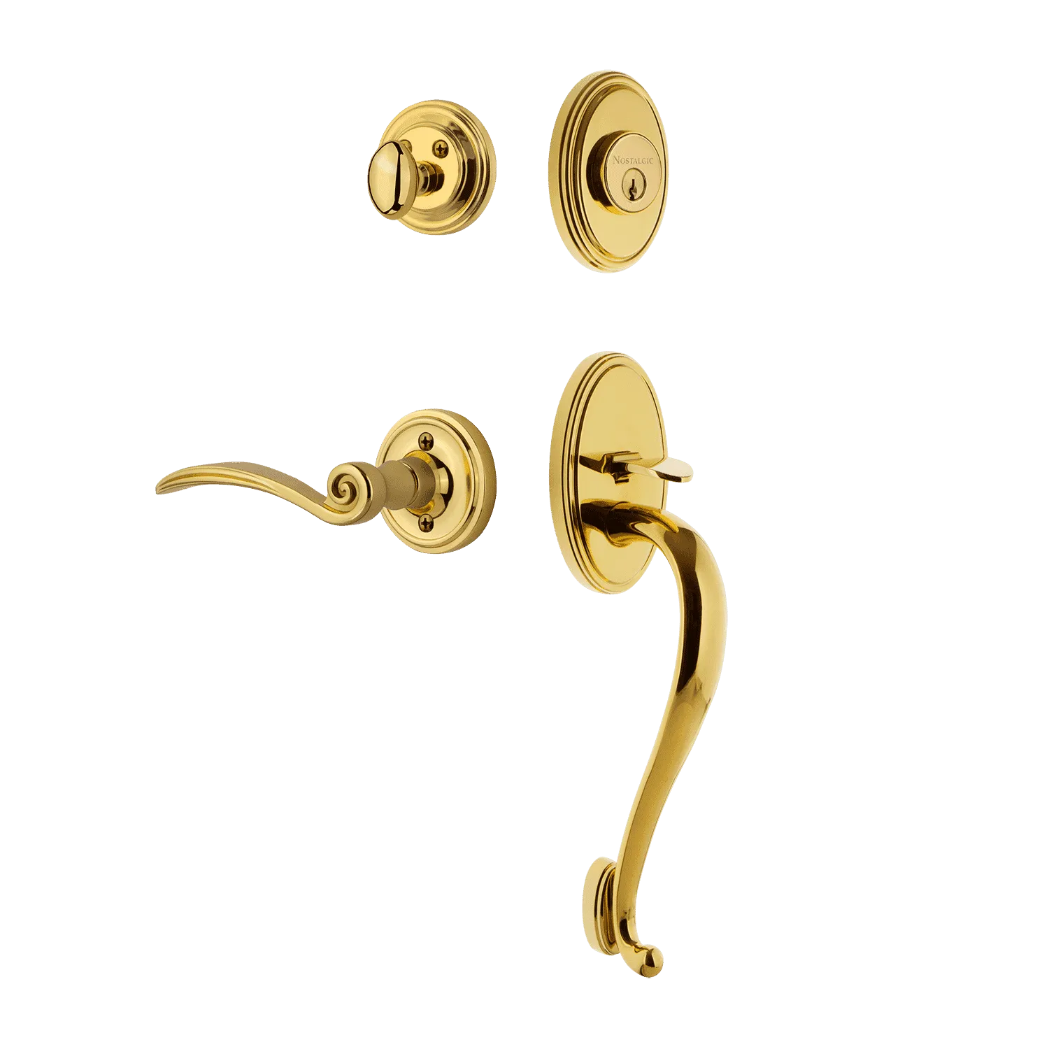 Classic Handleset with S-Grip and Classic Rosette with Swan Lever in Polished Brass