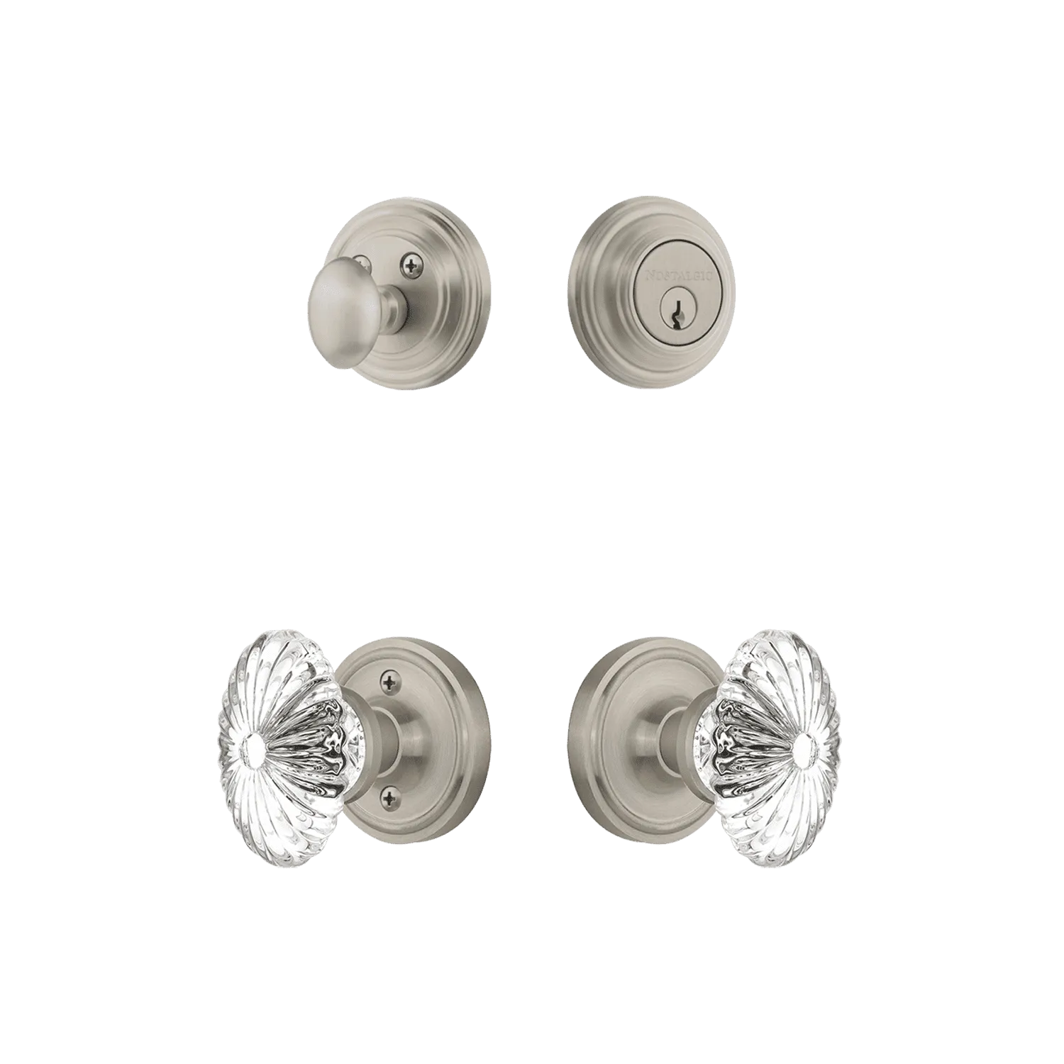 Classic Rosette Entry Set with Oval Fluted Crystal in Satin Nickel