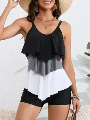 Color Block Tiered Layer Ruffle Two Piece Swimsuit V Neck High Waisted Tummy Control Swimsuit Tankini With Swim Shorts