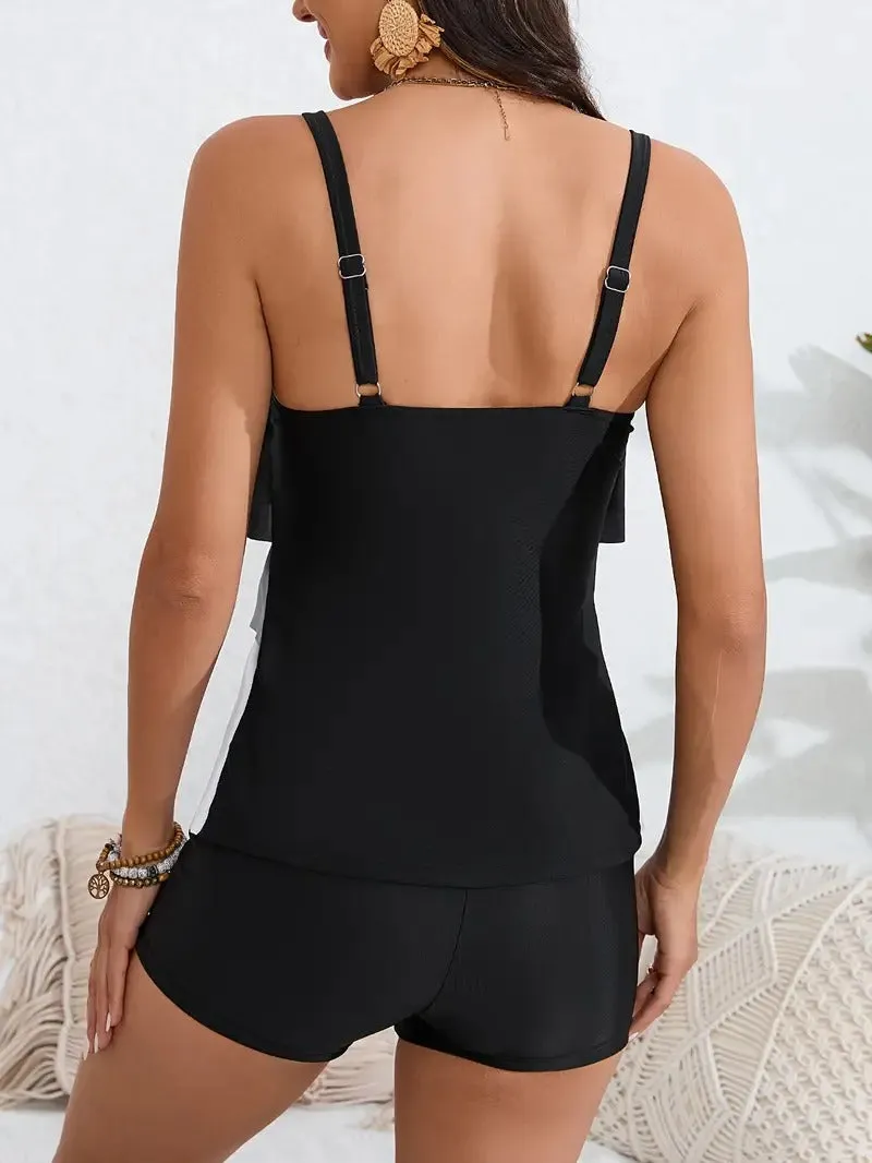Color Block Tiered Layer Ruffle Two Piece Swimsuit V Neck High Waisted Tummy Control Swimsuit Tankini With Swim Shorts