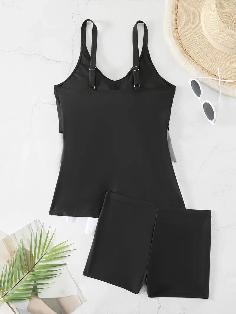 Color Block Tiered Layer Ruffle Two Piece Swimsuit V Neck High Waisted Tummy Control Swimsuit Tankini With Swim Shorts