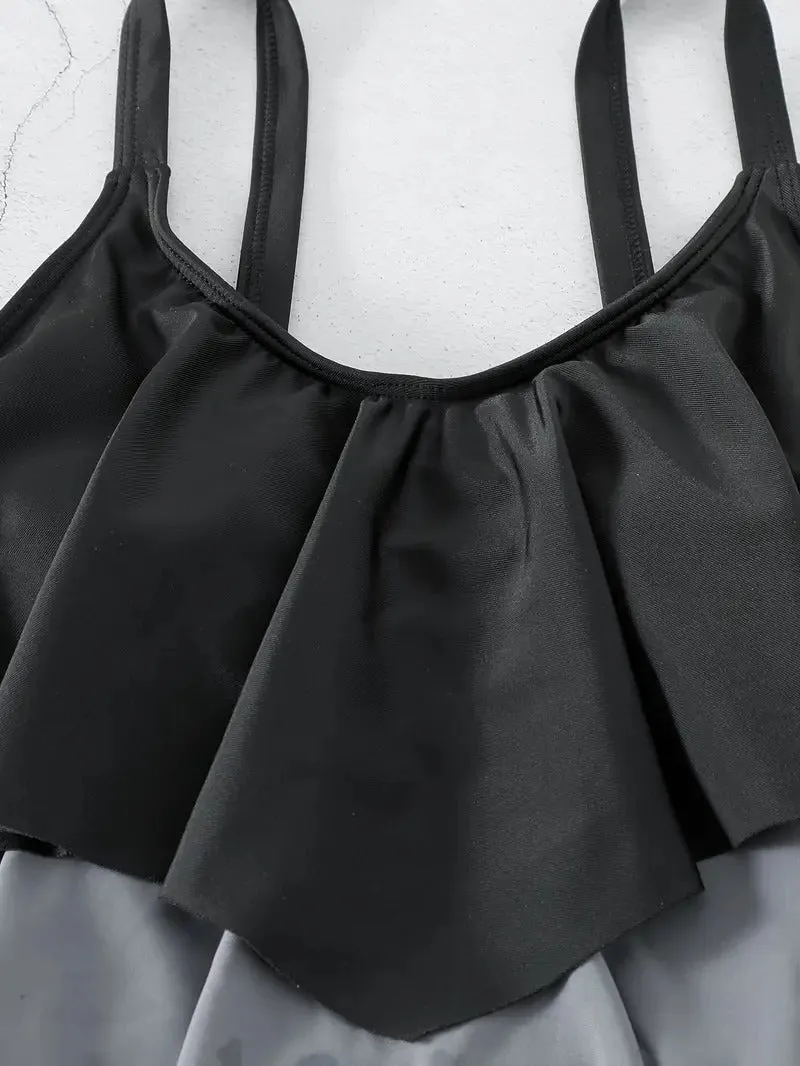 Color Block Tiered Layer Ruffle Two Piece Swimsuit V Neck High Waisted Tummy Control Swimsuit Tankini With Swim Shorts