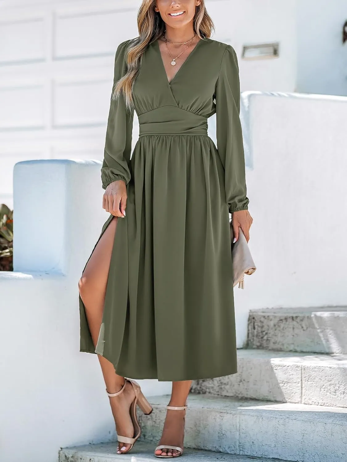 CUPSHE Fall Dresses for Women V Neck Long Sleeve Tunic Waist Slit Solid Color A Line Midi Casual Dress