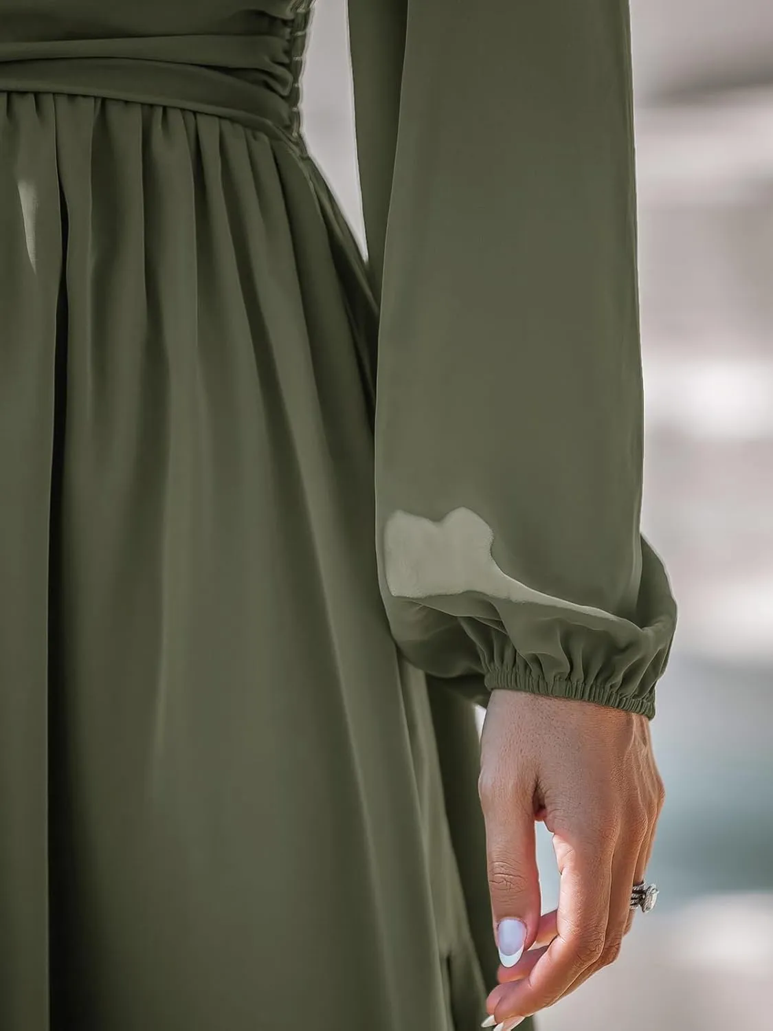 CUPSHE Fall Dresses for Women V Neck Long Sleeve Tunic Waist Slit Solid Color A Line Midi Casual Dress