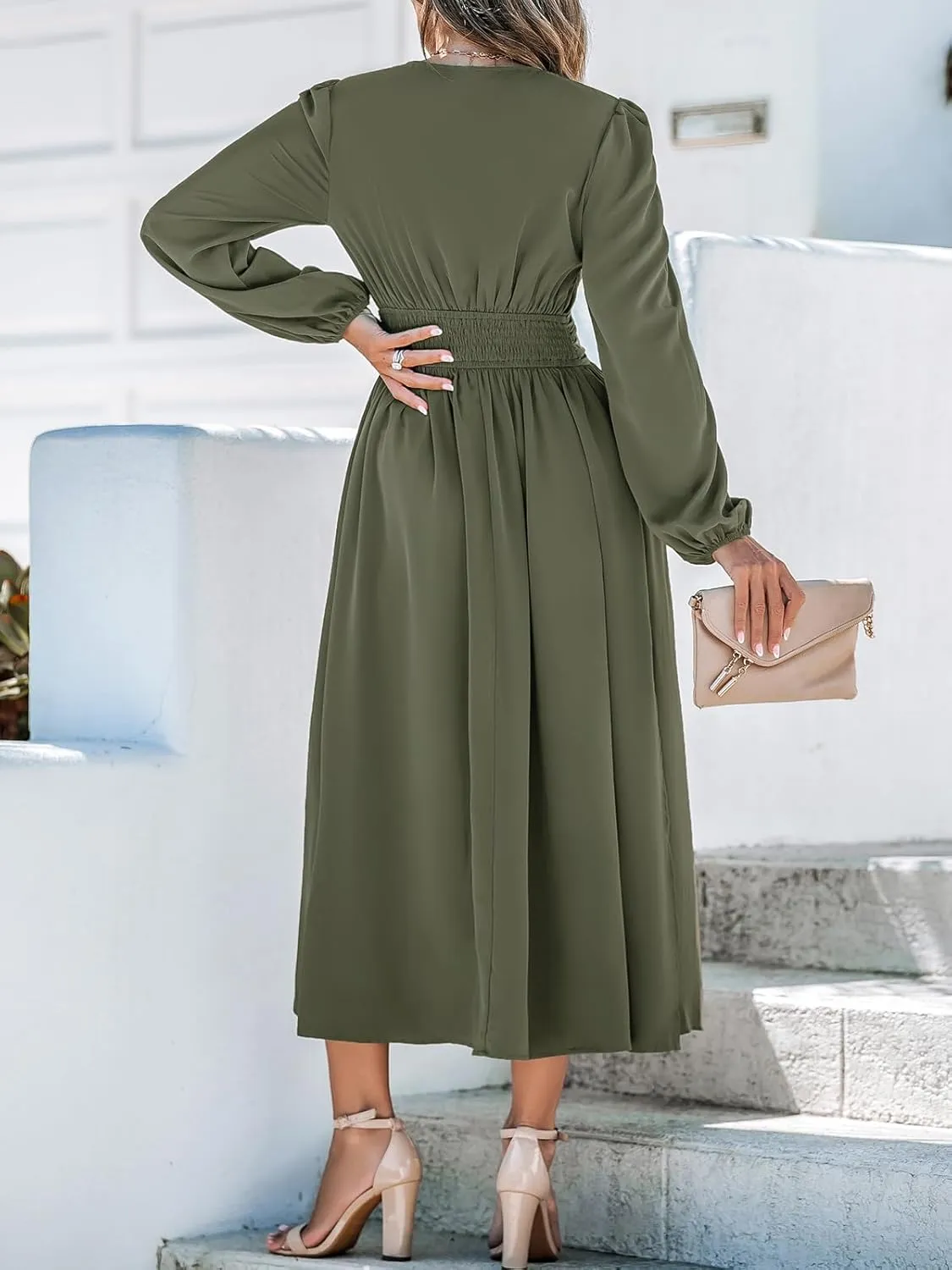 CUPSHE Fall Dresses for Women V Neck Long Sleeve Tunic Waist Slit Solid Color A Line Midi Casual Dress
