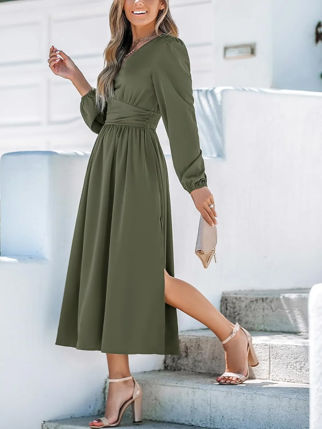 CUPSHE Fall Dresses for Women V Neck Long Sleeve Tunic Waist Slit Solid Color A Line Midi Casual Dress