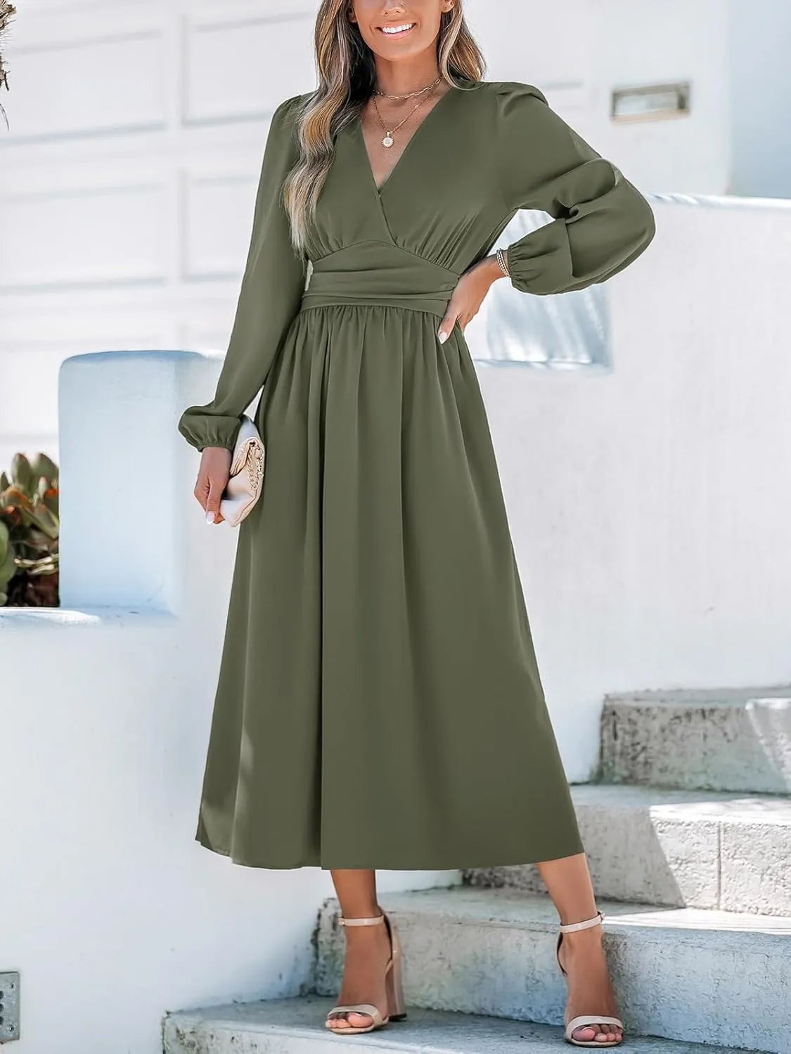 CUPSHE Fall Dresses for Women V Neck Long Sleeve Tunic Waist Slit Solid Color A Line Midi Casual Dress