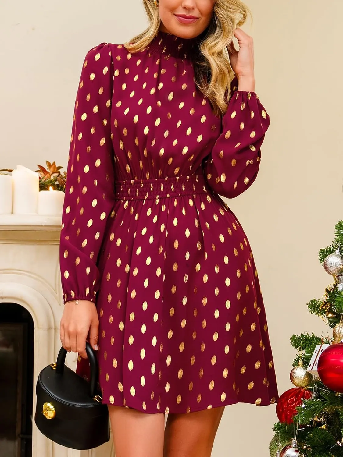 CUPSHE Women's Mock Neck Floral Mini Fall Dress Long Ruffle Sleeve Elastic Waist Smocked Casual Flowying Autumn Dresses