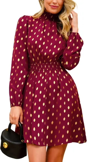 CUPSHE Women's Mock Neck Floral Mini Fall Dress Long Ruffle Sleeve Elastic Waist Smocked Casual Flowying Autumn Dresses