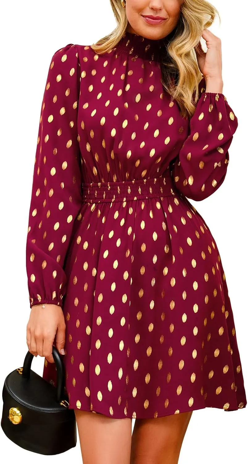 CUPSHE Women's Mock Neck Floral Mini Fall Dress Long Ruffle Sleeve Elastic Waist Smocked Casual Flowying Autumn Dresses