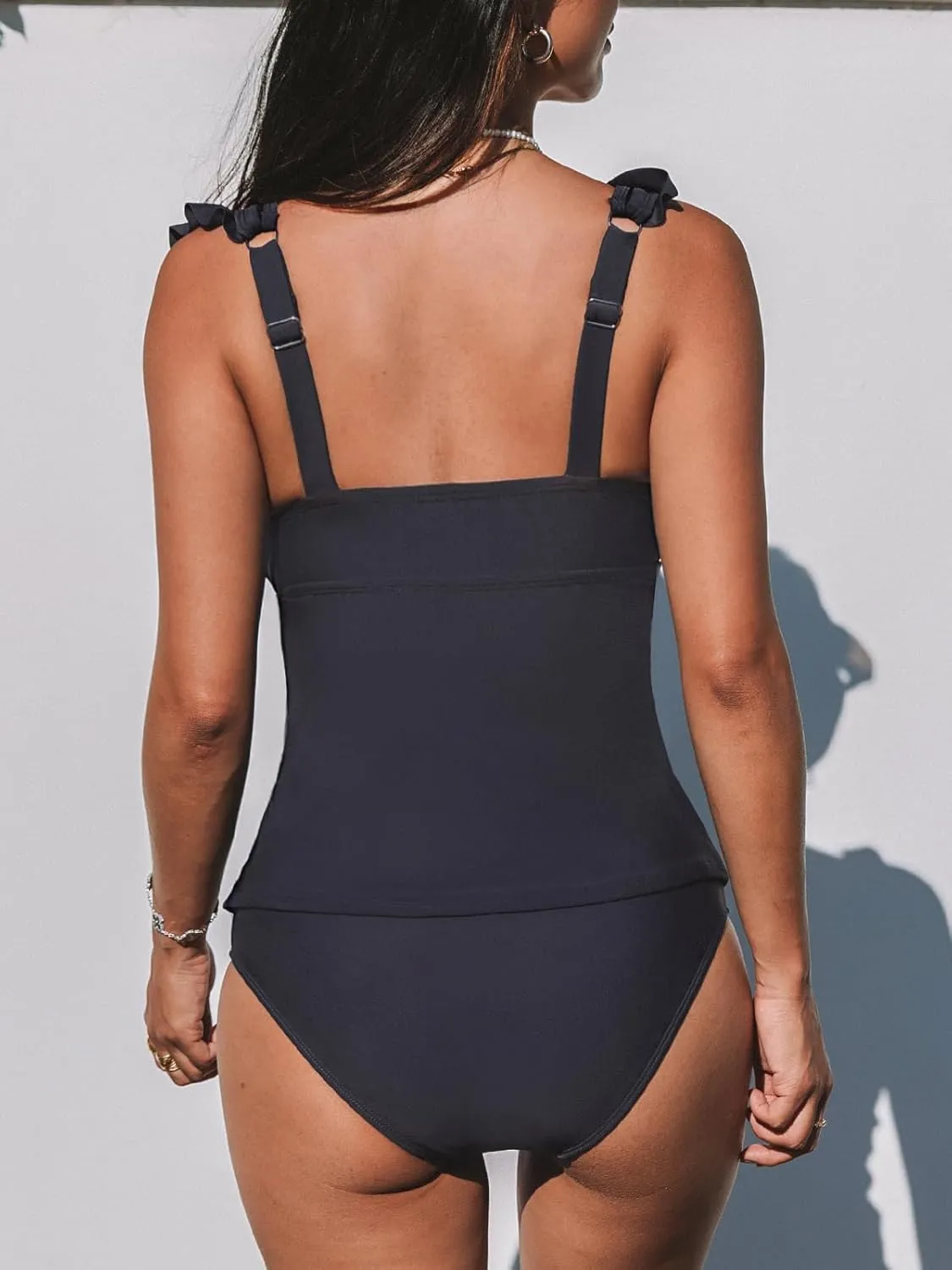 CUPSHE Women's Tankini Sets Two Piece Swimsuit V Neck Ruffled Ruched Tummy Control Ladder Trim (XS-4XL)