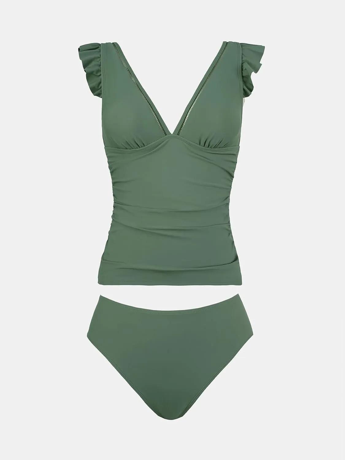 CUPSHE Women's Tankini Sets Two Piece Swimsuit V Neck Ruffled Ruched Tummy Control Ladder Trim (XS-4XL)
