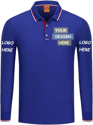 Custom Polo Shirts Design Your Own Personalized Long Sleeve Polo Shirt Customized with Logo/Text/Image(Dark Blue, XL)