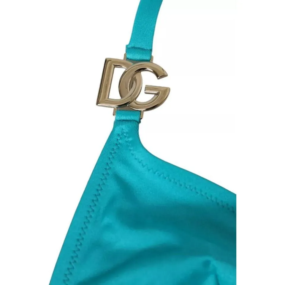 Dolce & Gabbana Blue Green Halter DG Logo Swimwear Beachwear Bikini Top
