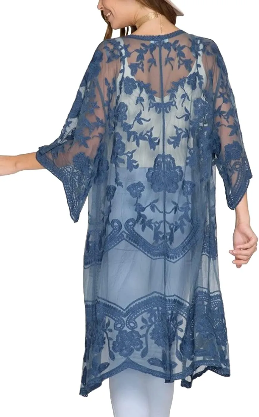 FaroDor Women Lace Long Flowy Kimono Cardigan Boho Style Beach Open Cover Ups