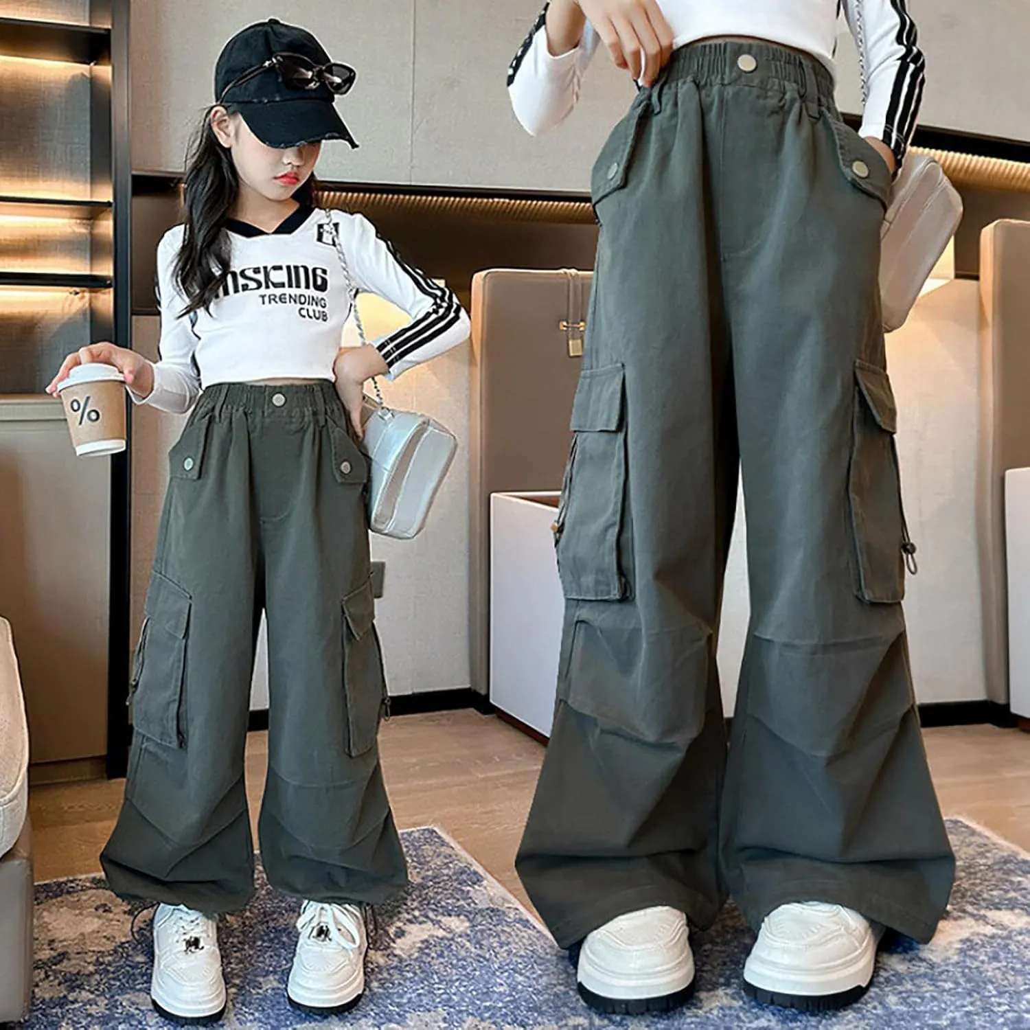 Girls Baggy Cargo Pants Lightweight Wide Leg Drawstring Elastic Waist Loose Fit School Hiking Trousers with Pockets