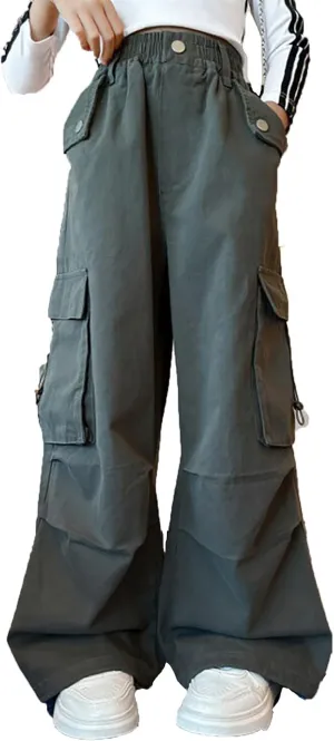 Girls Baggy Cargo Pants Lightweight Wide Leg Drawstring Elastic Waist Loose Fit School Hiking Trousers with Pockets