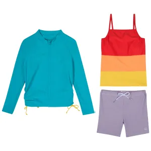 Girls Long Sleeve Rash Guard   Tankini Shorts Set (3 Piece) | "Color Pop"