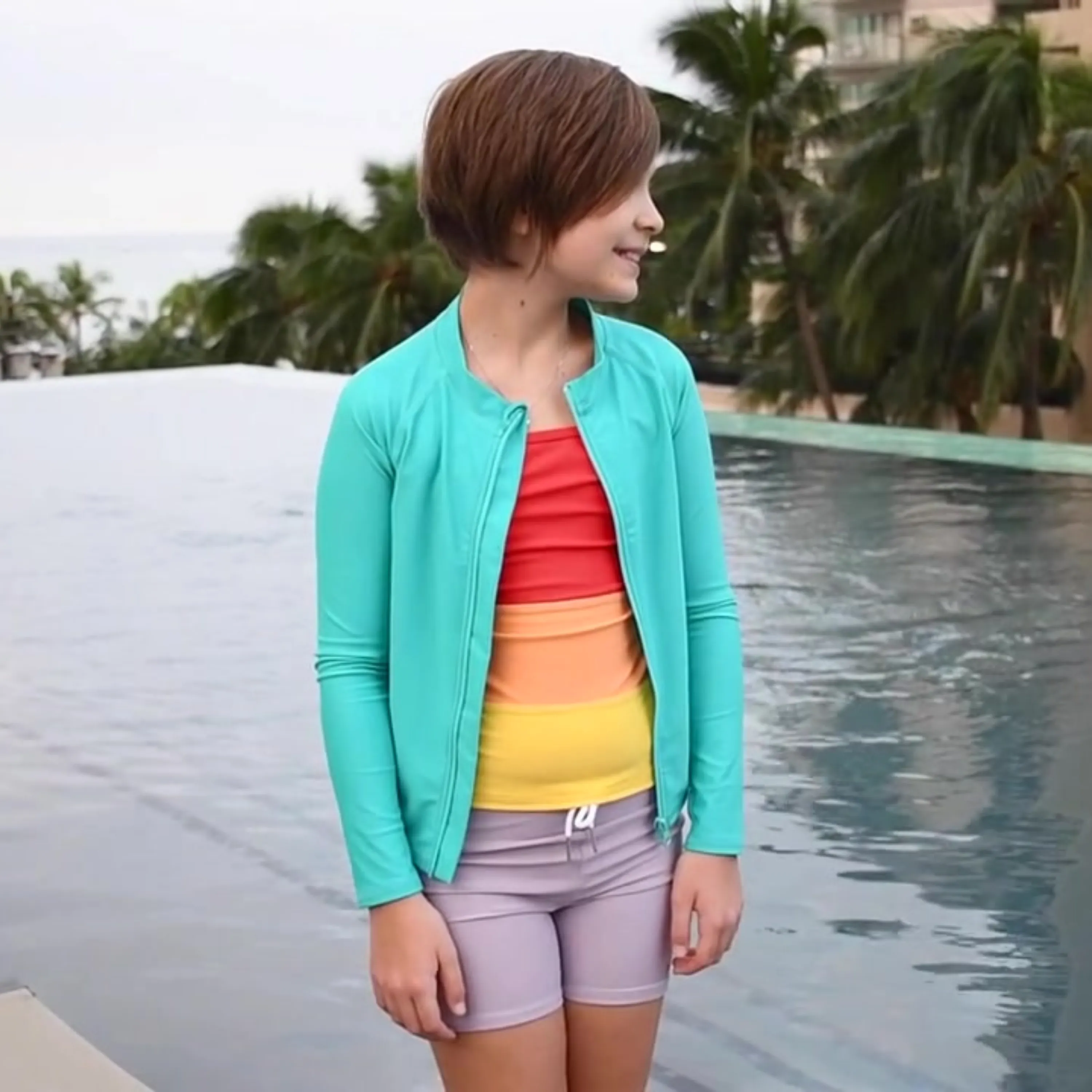 Girls Long Sleeve Rash Guard   Tankini Shorts Set (3 Piece) | "Color Pop"
