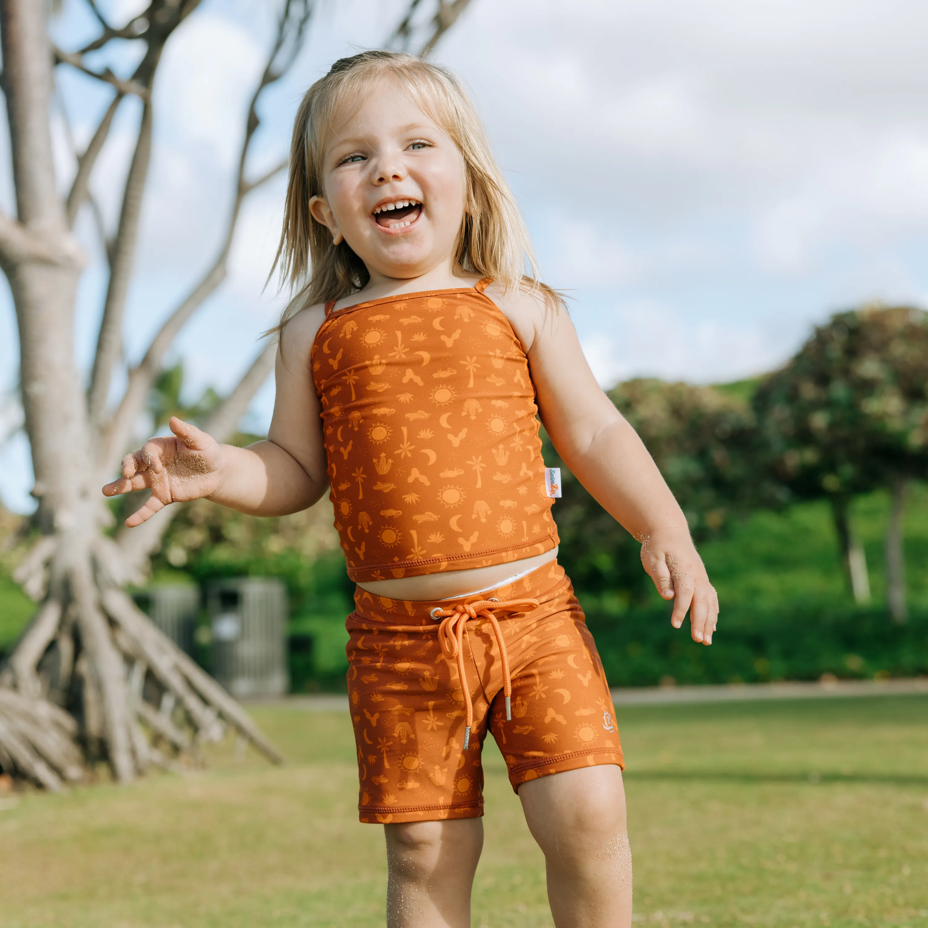 Girls Long Sleeve Rash Guard   Tankini Shorts Set (3 Piece) | "Desert"