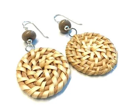 Gray Glass Beaded Woven Wicker Earrings